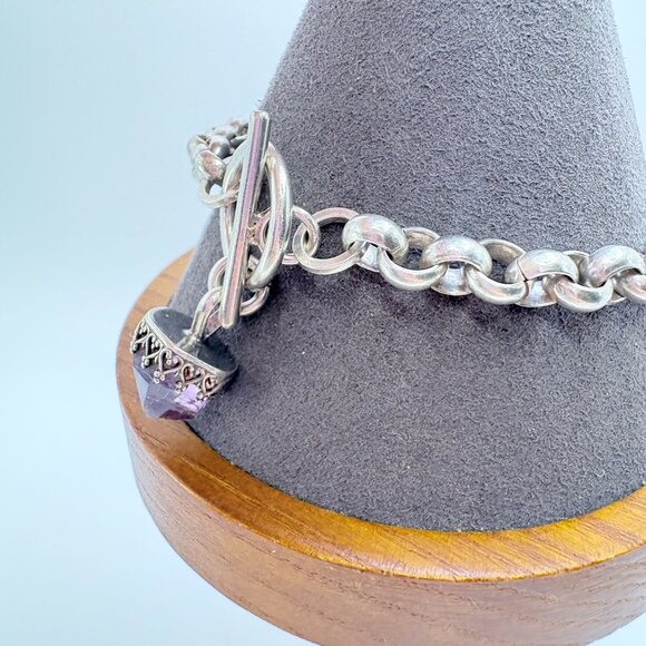 VTG Sterling Silver 925 Amethyst Round Link Bracelet Toggle Clasp Size 8" Length - Picture 3 of 12